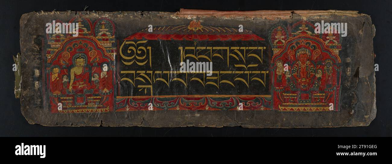 Le Bhadrakalpika Sutra, c. 1500, 4 5/8 x 26 1/16 x 8 3/4 po. (11,75 x 66,2 x 22,23 cm) (total, fermé), couleurs, or et argent sur papier bleu-noir, Tibet, 15e-16e siècle, ce texte sacré, ou sutra (traduit littéralement par « fil »), se compose de 297 pages rectangulaires, teintées à l'indigo double face, agrémentées d'une écriture argentée et dorée, et entrecoupées de plus de 600 peintures miniatures. De tels manuscrits élaborés étaient plus vénérés comme incarnation de la sagesse que lus réellement. Il aurait été enveloppé dans un tissu de soie, protégé par des couvertures de livres en bois, et probablement stocké dans la bibliothèque Banque D'Images