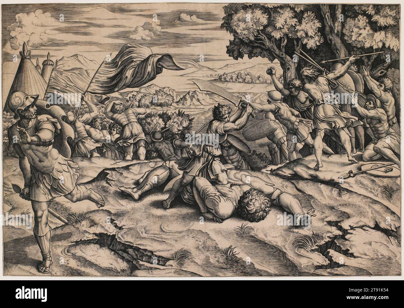 David décapitant Goliath, c. 1520-25, Marcantonio Raimondi ; artiste : d'après Raphaël (Raffaello Sanzio ou Santi), italien, c. 1475/1480–c.1534, 10 3/8 x 15 1/2 po. (26,39 x 39,37 cm) (image), gravure, Italie, 16e siècle, inspirée d'une fresque de Raphaël au Vatican, la gravure de Marcantonio Raimondi représente la scène climatique après des semaines de combat entre les Israélites et les Philistins, selon les Livres de Samuel de la Bible, le guerrier Philistin (païen) Goliath est vaincu au combat par le jeune David, le futur roi d'Israël, qui utilise une simple écharpe et pierre Banque D'Images