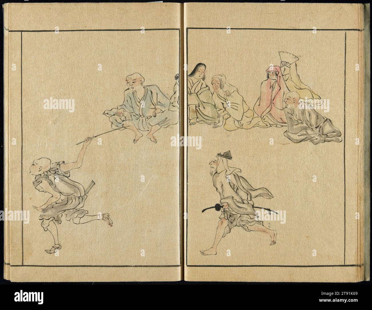 Tosa School style Sketches of Old Time People vol.2, 1793, Rintō Yasutami, Japonais, 7 3/16 x 5 3/16 x 5/16 po. (18,2 x 13,1 x 0,8 cm), Livre imprimé Woodblock ; encre sur papier, avec couleur appliquée à la main, Japon, 18e siècle Banque D'Images