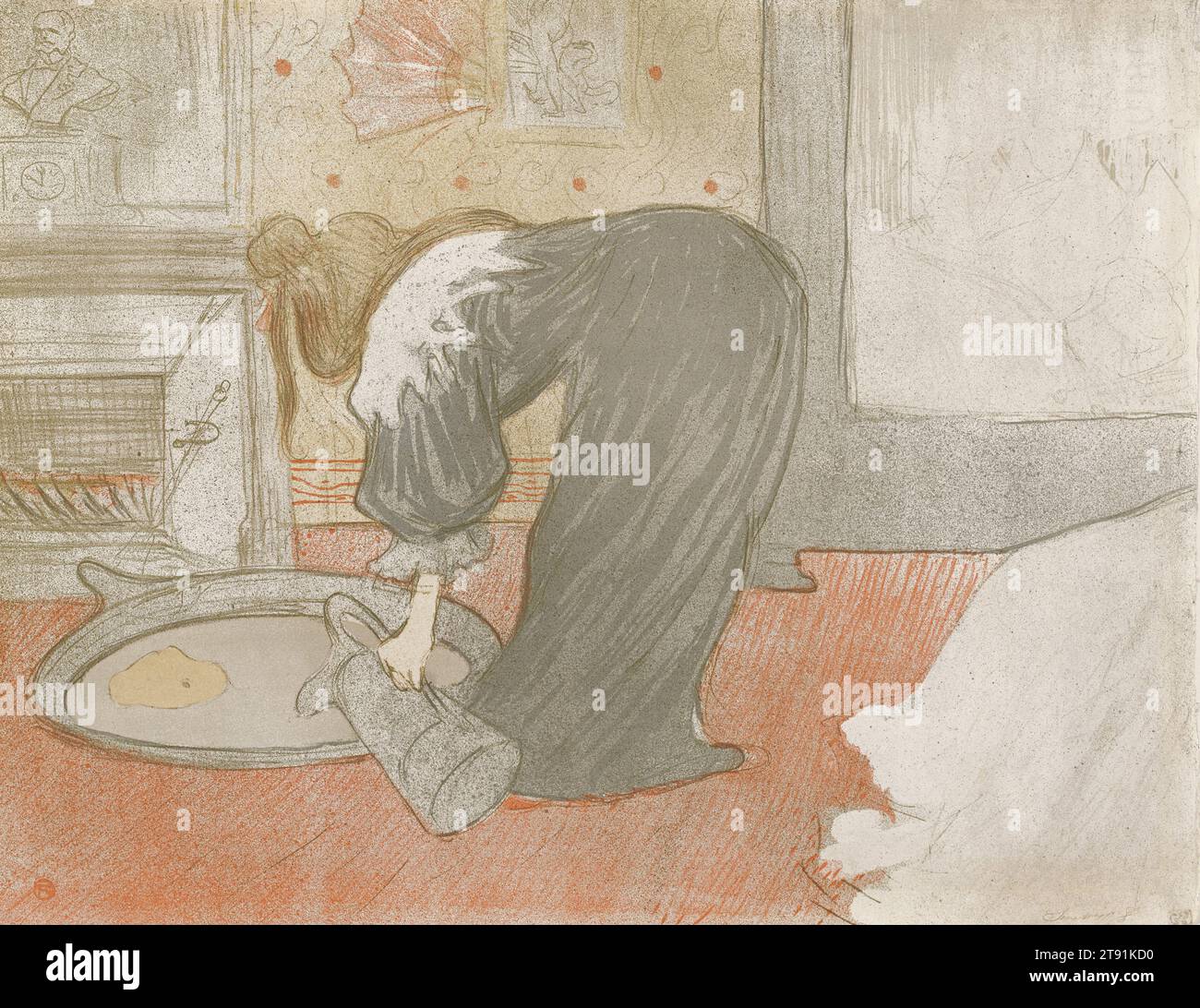 Femme au tub, 1896, Henri de Toulouse-Lautrec, Français, 1864–1901, 15 3/4 x 20 1/2 po (40,01 x 52,07 cm) (image)23 5/8 x 29 5/8 po (60,01 × 75,25 cm) (cadre extérieur), Lithographie couleur, France, 19e siècle, un autre lieu de divertissement à Paris à la fin du XIXe siècle était le bordel ou bordello. Ils étaient considérés comme un mode de vie naturel pour les maris parisiens et un privilège accepté pour les célibataires. Toulouse-Lautrec fréquentait les bordels de Paris ; on raconte même qu'il y vécut un temps. Banque D'Images