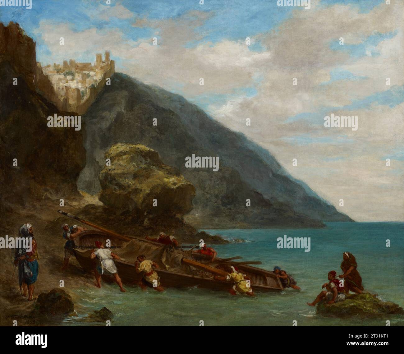 Vue de Tanger depuis le bord de mer, 1856–1858, Eugène Delacroix, français, 1798–1863, 31 5/16 x 39 5/16 po (79,53 x 99,85 cm) (toile)40 1/4 x 47 1/4 x 4 po (102,24 x 120,02 x 10,16 cm) (cadre extérieur), huile sur toile, France, 19e siècle, Delacroix est l'un des artistes les plus influents de l'histoire. Son style de peinture était en avance sur son temps, choquant ou dégoûtant la plupart des artistes de l'Académie française, autorité en art visuel dans les années 1700 et 1800 Il n'était pas intéressé par la création d'une réplique exacte de ce qu'il a vu, il a plutôt cherché à exprimer des sentiments à travers son art. Banque D'Images