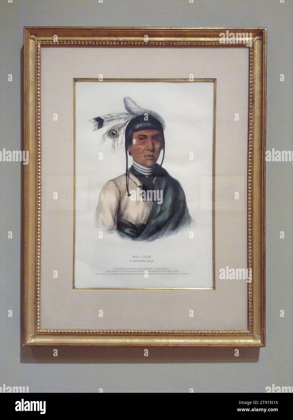 No-Tin, A Chippewa Chief, 1838 (1836-1844), d'après Charles Bird King ; auteur : Thomas L. McKenney ; auteur : James Hall ; Éditeur : Daniel Rice ; Éditeur : James G. Clark, American, 1785-1862, 15 1/16 x 10 1/8 po. (38,26 x 25,72 cm) (vue)22 13/16 x 17 3/8 po (57,94 x 44,13 cm) (cadre extérieur), lithographie colorée à la main, États-Unis, 19e siècle Banque D'Images