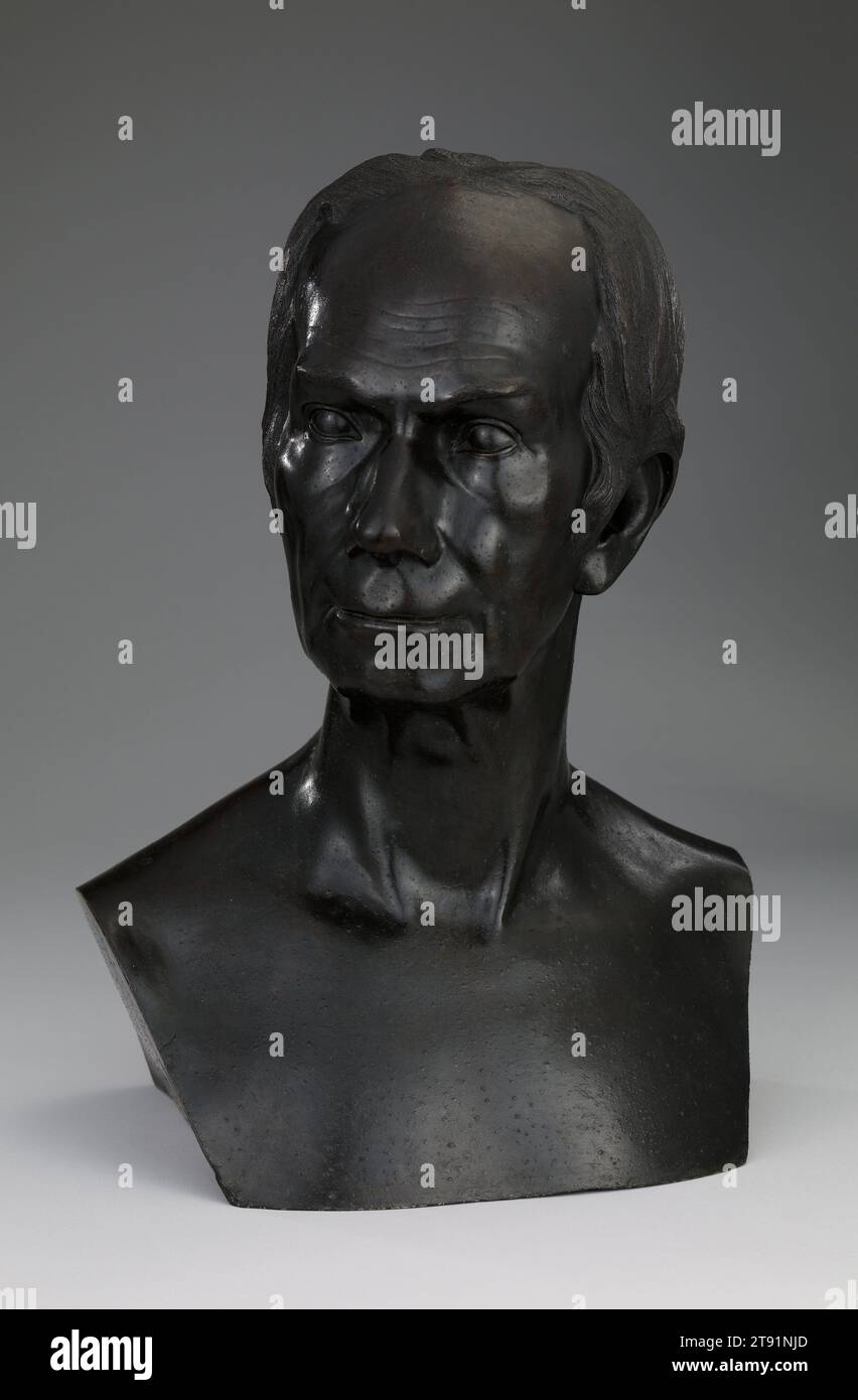 Buste portrait de Henry Clay, 19e siècle, 18 1/2 x 13 x 9 3/4 po. (46,99 x 33,02 x 24,77 cm), Bronze, États-Unis, 19e siècle, en 1874, la législature de l'État du Kentucky a acheté un buste de Henry Clay pour le capitole de l'État à Francfort. Le buste original en marbre blanc a été réalisé par Joel Tanner Hart et a été copié depuis par d'autres sculpteurs en utilisant différents matériaux, y compris le zinc, qui était populaire à la fin du XIXe siècle et au début du XXe siècle Banque D'Images