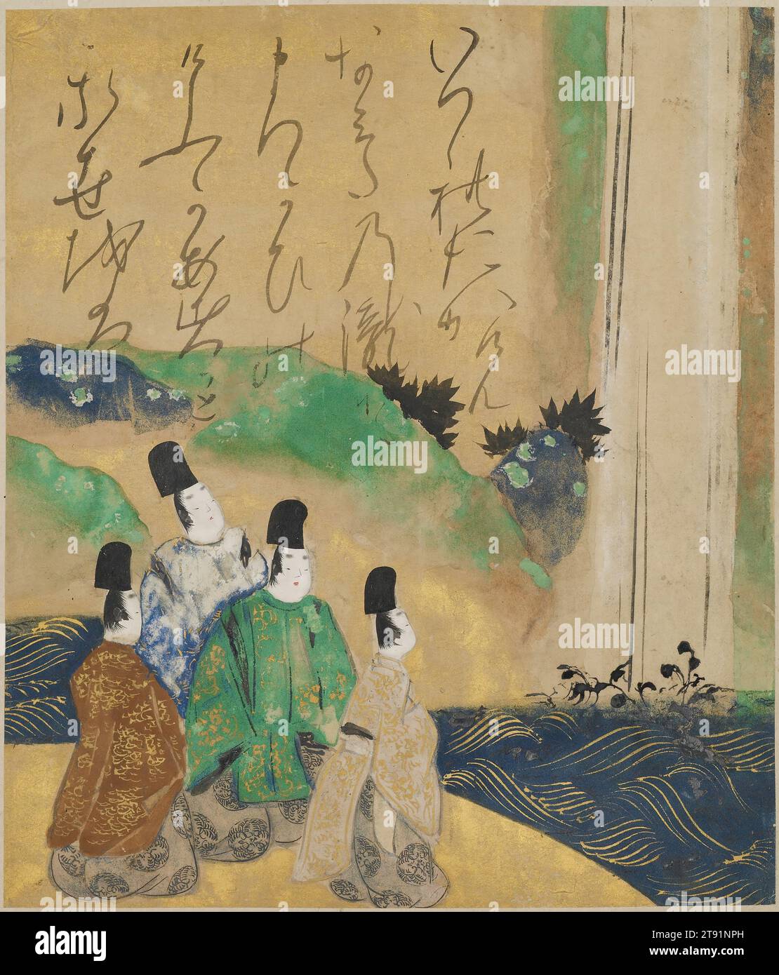 Noblemen Viewing the Nunobiki Waterfall, épisode 87 des Contes d'ISE, première moitié du 17e siècle, attribué à Tawaraya Sōtatsu, Japonais, mort vers 1640, 9 7/16 × 8 1/4 po. (23,97 × 20,96 cm) (image)52 1/4 × 15 7/8 po (132,72 × 40,32 cm) (montage)17 3/4 × 1 pouces (45,09 × 2,54 cm) (partie objet, rouleau inférieur), encre et couleur sur papier, Japon, 17e siècle, Tawaraya Sōtatsu, l'un des fondateurs de l'école Rinpa au début du 17e siècle, s'inspire de thèmes littéraires et de styles de peinture du passé classique japonais. Cet album Leaf illustre une scène de The Tales of ISE Banque D'Images