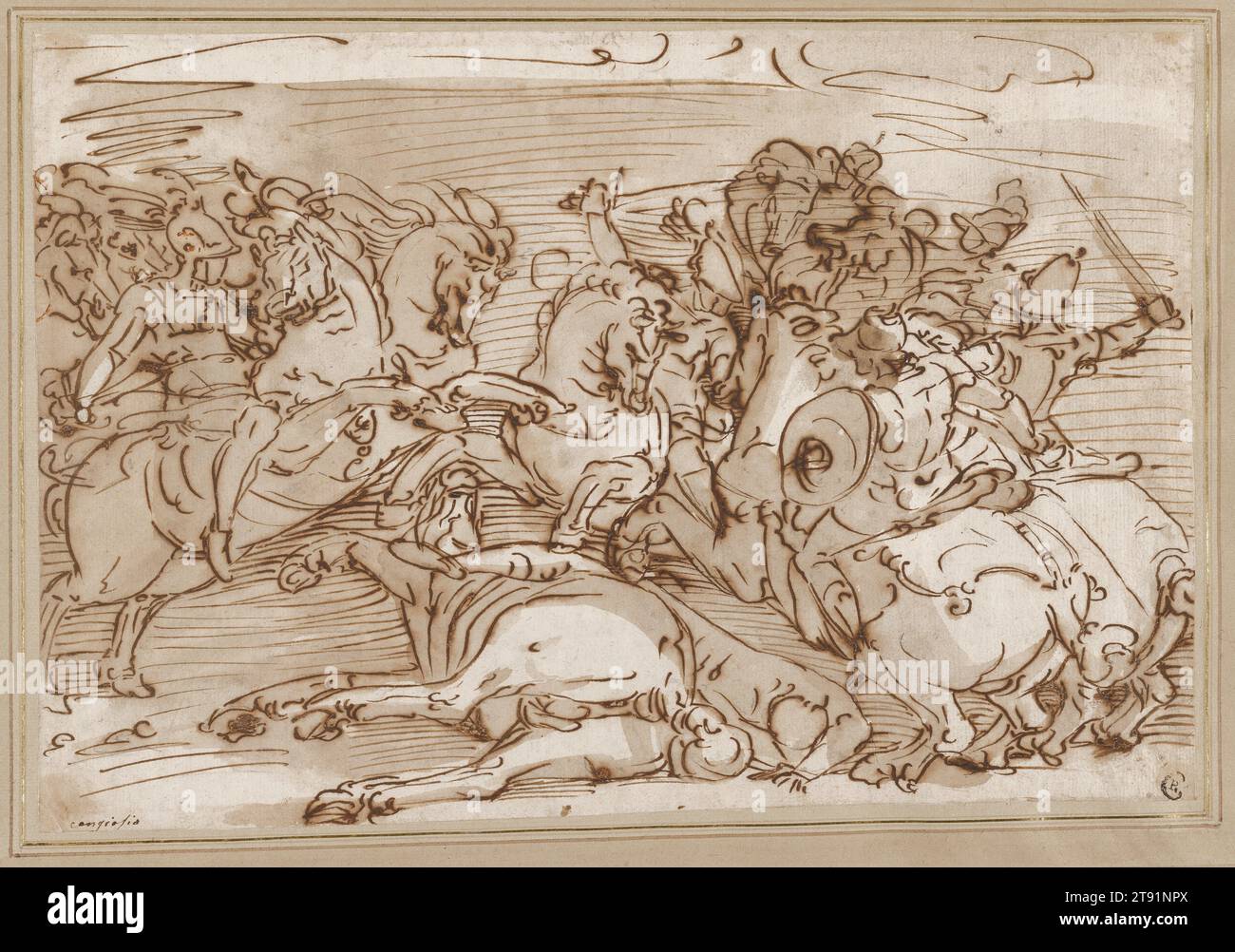 Fighting Horsemen, c. 1565-1566, Luca Cambiaso ou son atelier, italien (Gênes), italien (Gênes), 1527 - 1585, 9 1/2 x 13 7/8 po. (24,13 x 35,24 cm) (feuille)19 3/4 × 23 3/4 po (50,17 × 60,33 cm) (cadre extérieur), stylo et encre brune et brun lavis sur craie noire, Italie, 16e siècle, le dessinateur virtuose Luca Cambiaso était le principal artiste de Gênes du 16e siècle. Il était si prolifique que sa femme et son serviteur auraient allumé le feu avec ses dessins. Malgré cela, des milliers d'études de sa main survivent, plus que par tout autre artiste de la Renaissance Banque D'Images