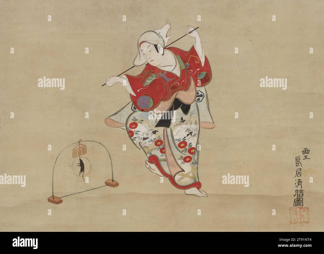 Acteur Arashi Sangorō I interprétant la danse 'Catching the Fox', c. 1726, Torii Kiyonobu, Japonais, 1664 - 1729, 12 5/8 x 17 3/8 po (32 x 44,2 cm) (image)46 3/4 x 23 1/16 pouces (118,7 x 58,5 cm) (monture) W 64 cm avec rouleau, rouleau suspendu ; encre et couleur sur papier, Japon, Nikuhitsu ukiyo-e, Kiyonobu représente le célèbre acteur Arashi Sangorō I (1687-1739) dans la pièce Tsurigitsune (attraper le renard). Dans les histoires japonaises traditionnelles, les renards sont capables de se transformer en forme humaine pour tromper les humains sans méfiance. Selon cette histoire, un vieux renard se transforme en prêtre pour échapper à la chasse. Banque D'Images