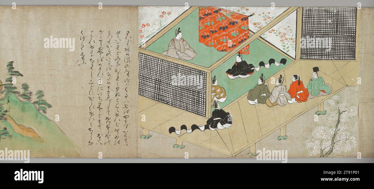 Le sanctuaire Tenjin parcourt un d'une paire, début du 17e siècle, école Tosa, japonais, actif début du 15e au 19e siècle, 10 3/16 × 325 7/8 po. (25,88 × 827,8 cm) (image)15 × 366 5/16 po (38,1 × 930,5 cm), encre, couleur et gofun sur papier, Japon, Nikuhitsu ukiyo-e, Sugawara Michizane (845-903) était un homme d'État et un érudit célèbre de l'époque classique de Heian. Afin de saper la réputation de Michizane, ses rivaux à la cour l'accusent à tort de comploter pour tuer l'empereur. En conséquence, il a été exilé sur l'île de Kyushu où il est finalement mort. Banque D'Images