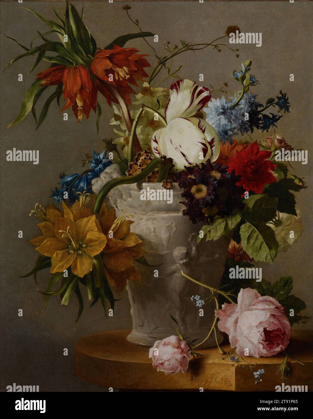 Un arrangement avec des fleurs, 19e siècle, Georgius Jacobus Van OS, néerlandais, 1782 - 1861, 20 3/4 x 15 7/8 po. (52,71 x 40,32 cm) (toile)26 1/4 x 22 1/4 po (66,68 x 56,52 cm) (cadre extérieur), huile sur toile, pays-Bas, 19e siècle, on pourrait presque dire que l'art de la peinture avait couru dans le sang de Georgius van OS. Né à la Haye en 1782, il, ainsi que son frère et sa sœur, sont devenus des artistes à succès sous la tutelle de leur père renommé, Jan van OS. Georgius, en particulier, a embrassé la spécialité de son père, la peinture florale de natures mortes. Banque D'Images