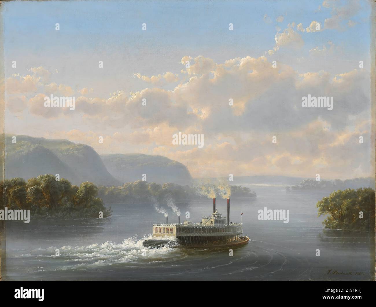 Steamwheeler on the Upper Mississippi, 1865, Ferdinand Richardt, américain, 1819-1895, 24 3/8 x 31 3/4 po (61,91 x 80,65 cm) (vue)32 1/2 x 39 3/4 x 2 1/2 po (82,55 x 100,97 x 6,35 cm) (cadre extérieur), huile sur toile, Danemark, 19e siècle, comme l'intérieur de l'Amérique est devenu plus accessible dans les années 1800, des artistes européens et américains sont arrivés avec leurs carnets de croquis. De retour en studio, leurs notes visuelles ont guidé leurs peintures dramatiques de la splendeur de la nature. De 1855 à 1859, Richardt a visité plusieurs des célèbres merveilles naturelles du pays : les chutes du Niagara, les grottes de Mammoth et le pont naturel de Virginie Banque D'Images