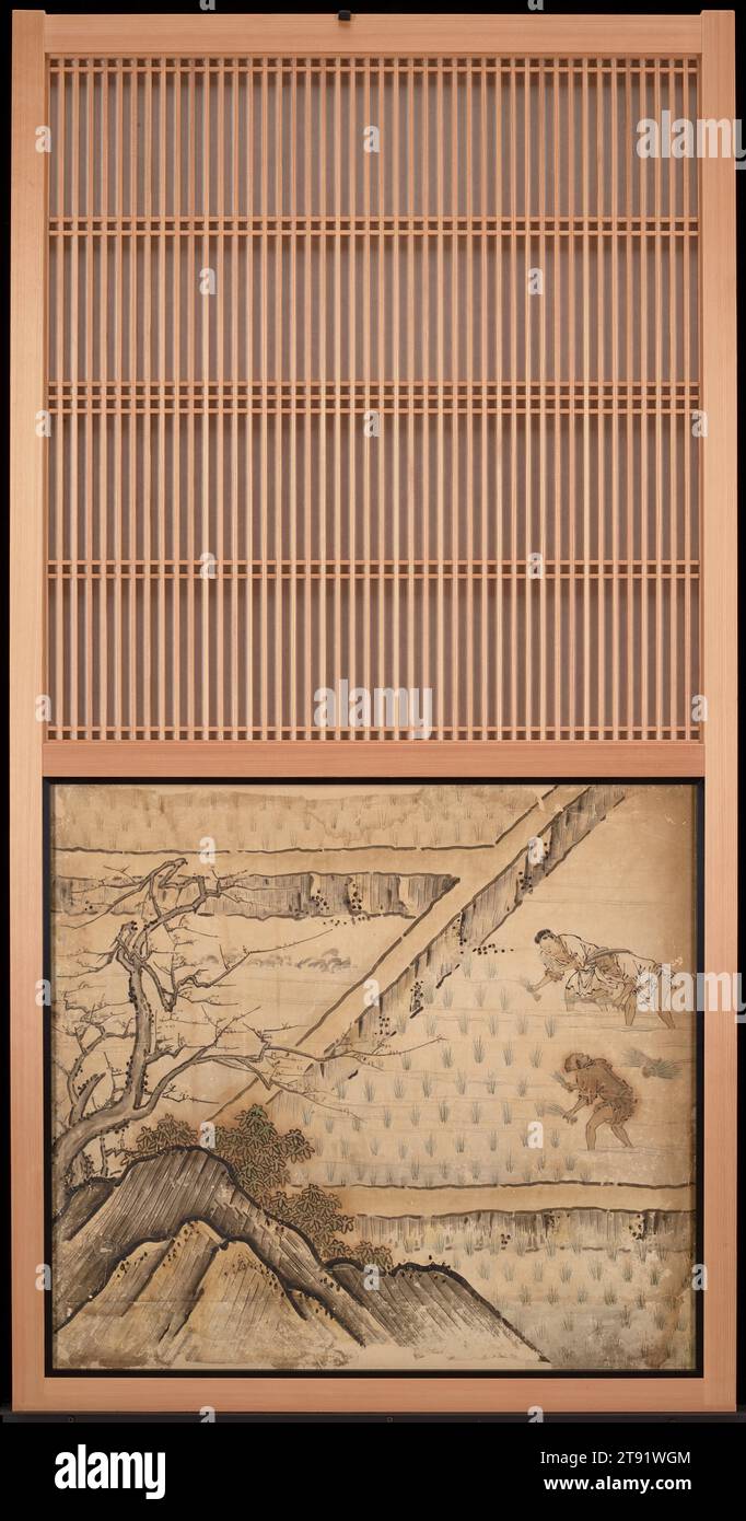 Printemps à gauche de l'ensemble Rice Farming in the four Seasons, 1620s, attribué à Kano Sanraku, Japonais, 1559 - 1635, 39 x 37 x 3 1/2 in. (99,06 x 93,98 x 8,89 cm), encre, couleur claire et or sur papier, Japon, 17e siècle, ces panneaux de portes coulissantes font partie d'un groupe de seize, qui formaient à l'origine les quatre côtés d'une petite chambre de réception à Daikakuji, un temple bouddhiste au nord-ouest de Kyoto. Les peintures montrent le processus de culture du riz à travers quatre saisons. Une personne assise dans la pièce aurait vu la scène se dérouler du nord, en commençant par l'hiver et en se déplaçant dans le sens des aiguilles d'une montre. Banque D'Images