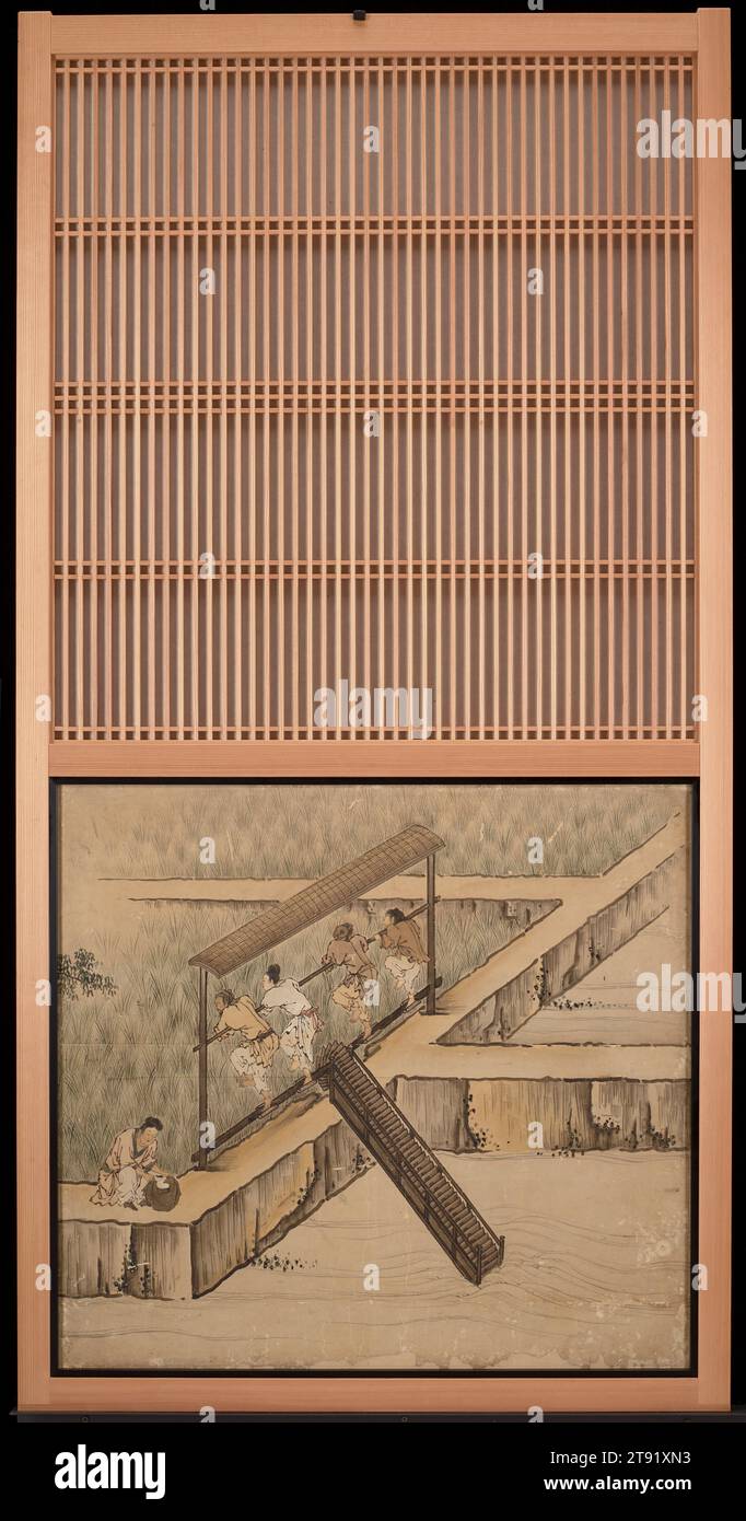 Centre d'été à gauche de l'ensemble la culture du riz dans les quatre saisons, 1620s, attribué à Kano Sanraku, japonais, 1559 - 1635, 39 x 37 x 3 1/2 in. (99,06 x 93,98 x 8,89 cm), encre, couleur claire et or sur papier, Japon, 17e siècle, ces panneaux de portes coulissantes font partie d'un groupe de seize, qui formaient à l'origine les quatre côtés d'une petite chambre de réception à Daikakuji, un temple bouddhiste au nord-ouest de Kyoto. Les peintures montrent le processus de culture du riz à travers quatre saisons. Une personne assise dans la pièce aurait vu la scène se dérouler du nord, en commençant par l'hiver et en se déplaçant dans le sens des aiguilles d'une montre Banque D'Images
