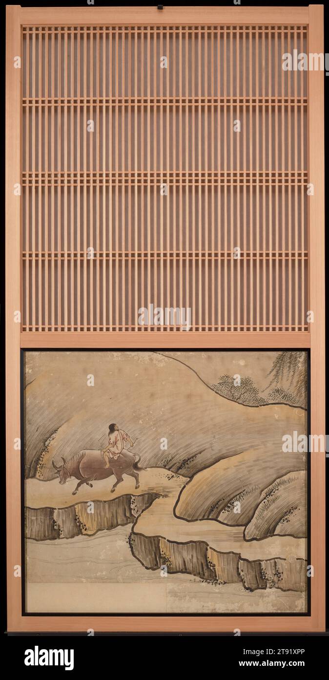 Été à droite de l'ensemble Rice Farming in the four Seasons, 1620s, attribué à Kano Sanraku, Japonais, 1559 - 1635, 39 x 37 x 3 1/2 in. (99,06 x 93,98 x 8,89 cm), encre, couleur claire et or sur papier, Japon, 17e siècle, ces panneaux de portes coulissantes font partie d'un groupe de seize, qui formaient à l'origine les quatre côtés d'une petite chambre de réception à Daikakuji, un temple bouddhiste au nord-ouest de Kyoto. Les peintures montrent le processus de culture du riz à travers quatre saisons. Une personne assise dans la pièce aurait vu la scène se dérouler du nord, en commençant par l'hiver et en se déplaçant dans le sens des aiguilles d'une montre. Banque D'Images