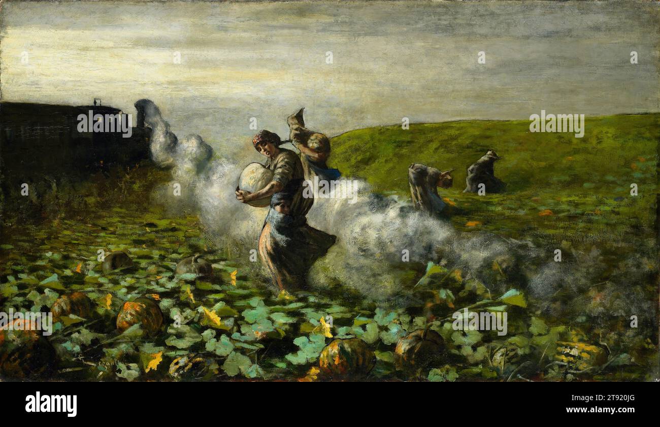 La récolte de citrouilles, 1897, Giovanni Segantini, Italien, 1858 - 1899, 33 x 57 1/8 po (83,82 x 145,1 cm) (vue)50 x 74 1/4 x 5 1/4 po (127 x 188,6 x 13,34 cm) (cadre extérieur), huile sur toile, Italie, 19e siècle, 'au cours de la vie d'une seule génération, un paysage rustique et en grande partie sauvage a été transformé en site de la machine industrielle la plus productive du monde. Il serait difficile d'imaginer des contradictions plus profondes de valeur ou de sens que celles rendues manifestes par cette circonstance." C'est ainsi que Leo Marx écrit dans son livre de pierre de touche la machine dans le jardin Banque D'Images