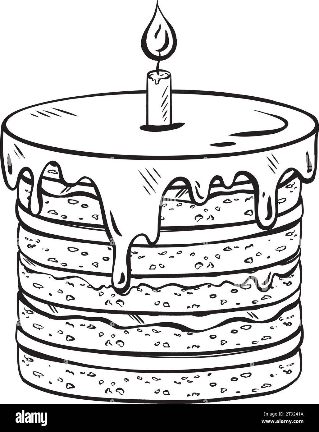 Vecteur d'encre dessiné à la main. Gâteau classique avec une bougie allumée. Couches dans la crème délicieuse, glaçage goutte à goutte. bougie allumée. Design traditionnel pour les anniversaires Illustration de Vecteur