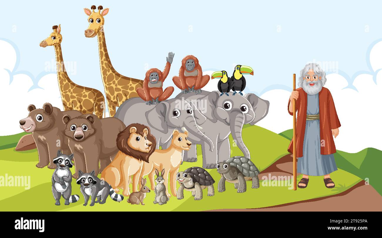 Illustration de Noé et d'animaux sauvages de l'histoire religieuse de la Bible Illustration de Vecteur