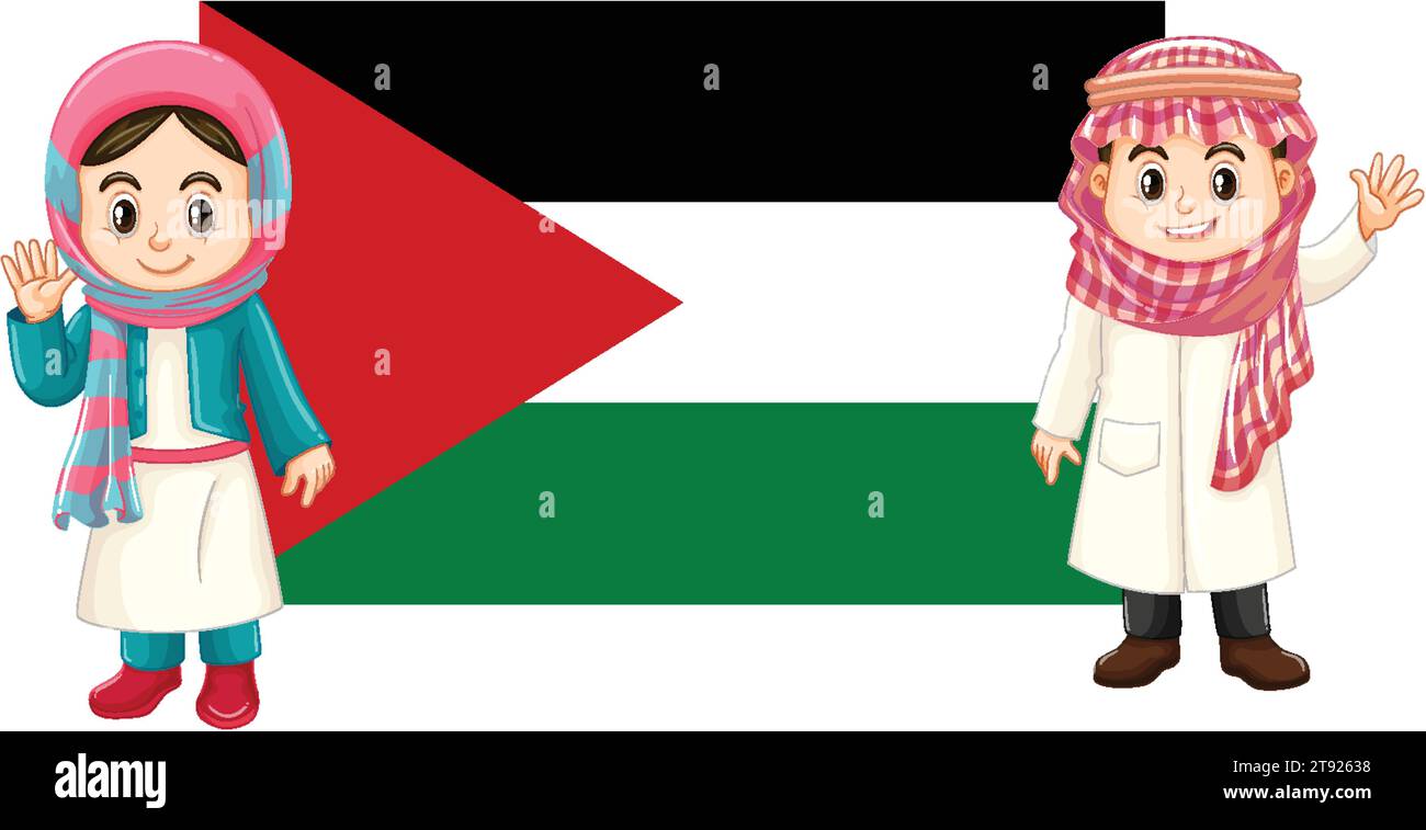 Illustration de personnages de dessins animés masculins et féminins debout à côté du drapeau palestinien Illustration de Vecteur