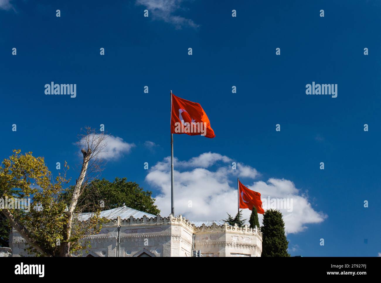 Drapeau national turc avec la White Star et la lune sur un poteau dans le ciel Banque D'Images