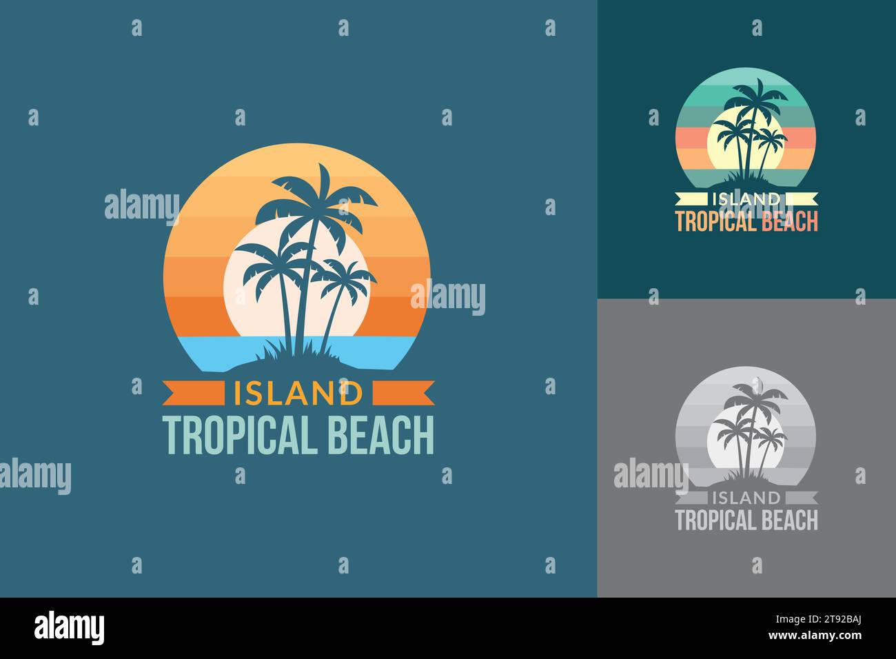 Logo de l'île tropicale avec trois palmiers sur l'illustration vectorielle de la côte Illustration de Vecteur