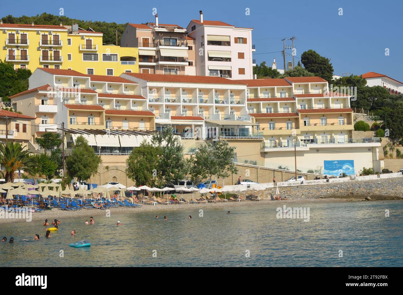 Grèce, Nord Égée, île de Samos la ville portuaire de Vathy et bâtiments néoclassiques Banque D'Images