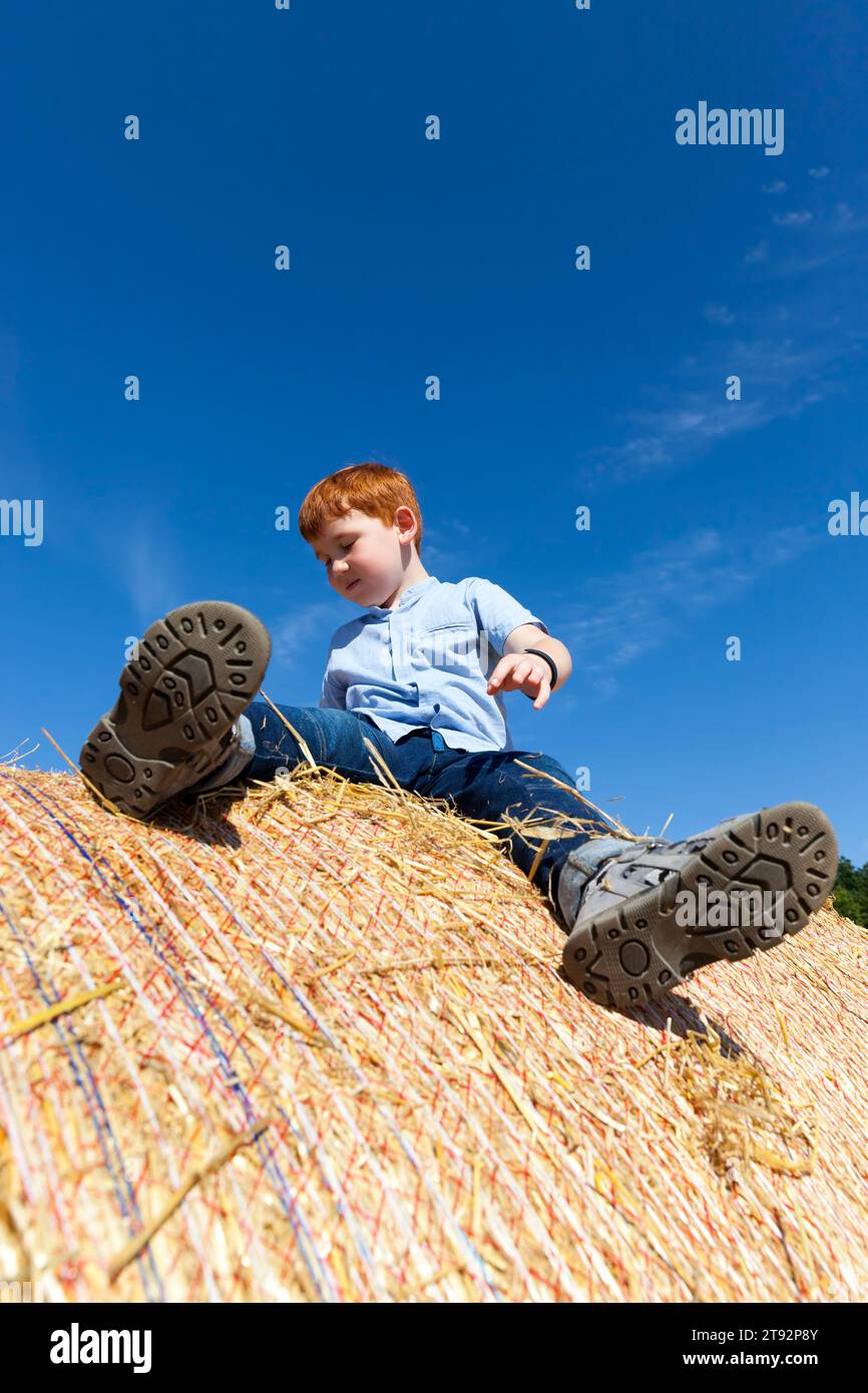 garçon aux cheveux roux assis sur une pile de paille dorée dans un champ, garçon de 6-7 ans sur une pile de paille de blé épineux, mignon petit garçon bébé, portrait d'un garçon Banque D'Images