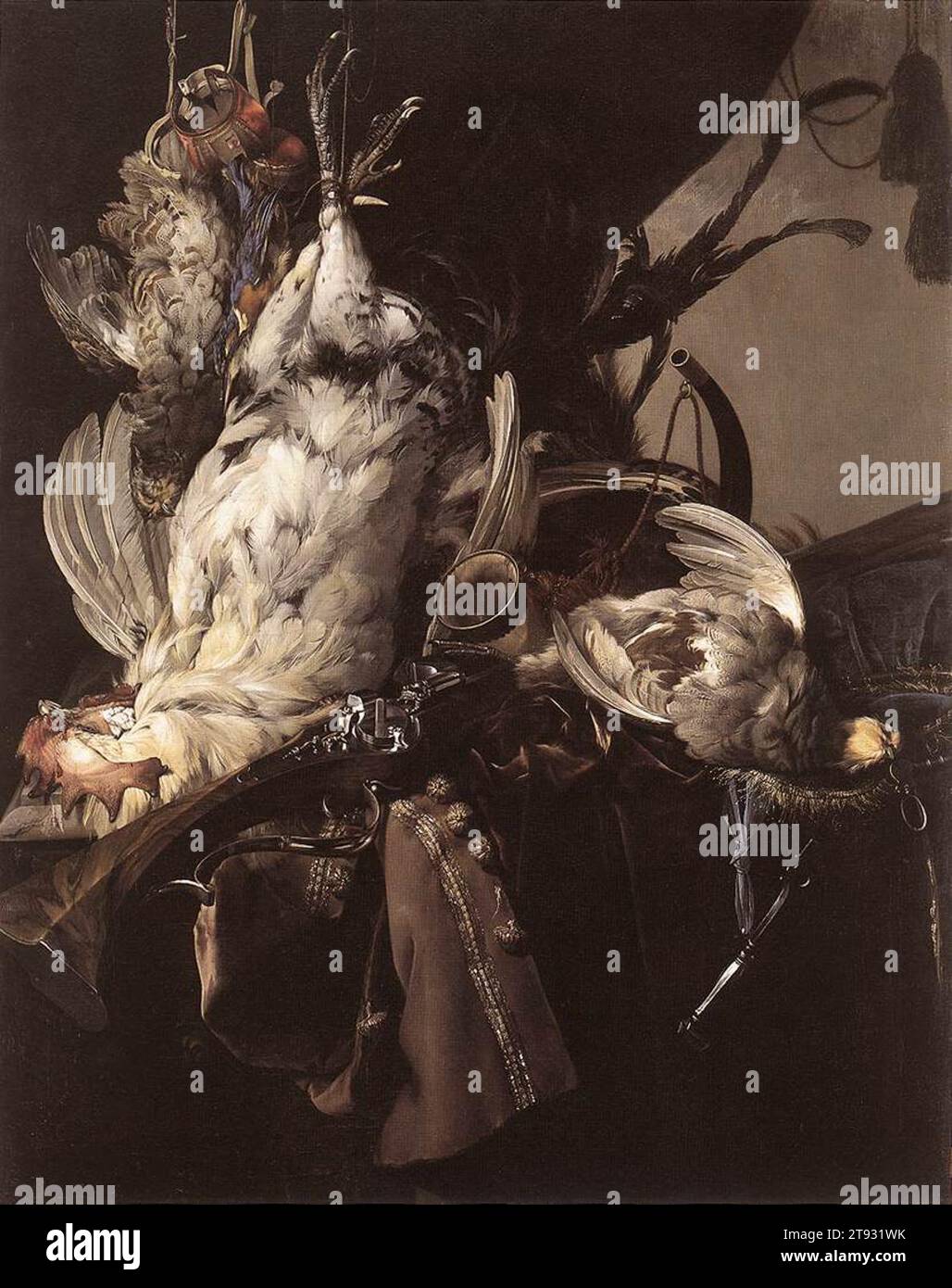 Nature morte des oiseaux morts et des armes de chasse 1660 par Willem Van Aelst Banque D'Images