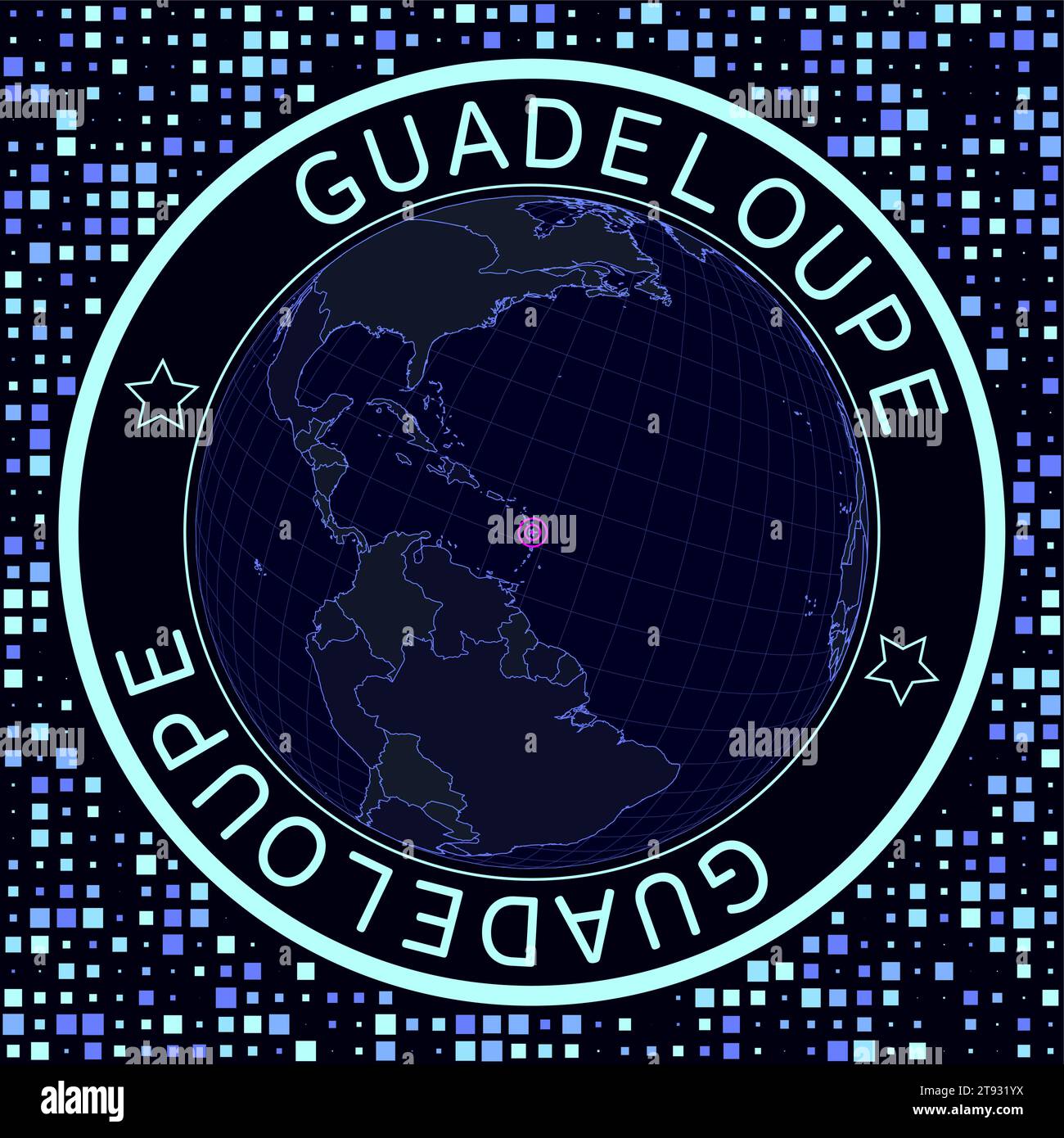 Guadeloupe sur vecteur globe. Vision satélite futuriste du monde centrée sur la Guadeloupe. Illustration géographique avec forme de pays et carrés Illustration de Vecteur