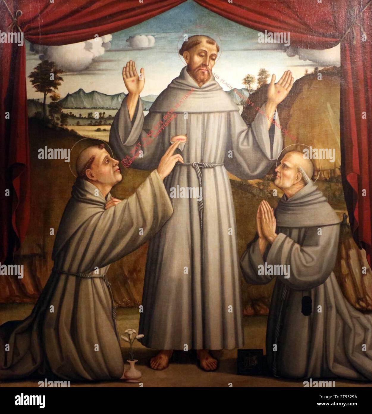 Représentation sacrée avec les saints François, Antoine de Padoue et Bernardino 1530 par Pietro Paolo Agabiti Banque D'Images