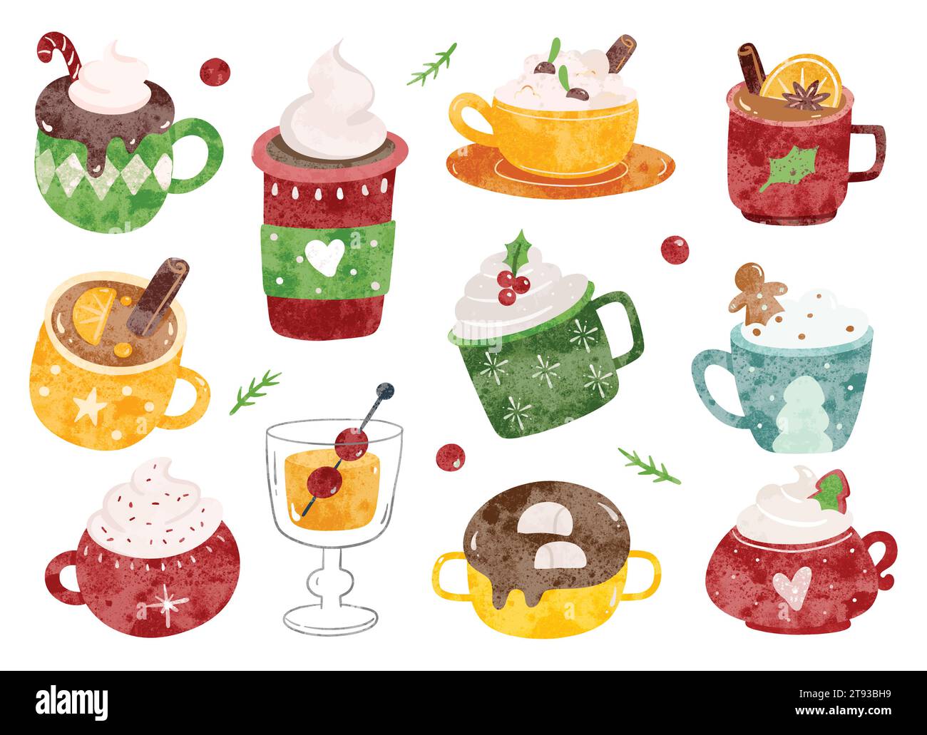 Ensemble de boissons de Noël dessinées à la main dans l'illustration de style aquarelle Illustration de Vecteur