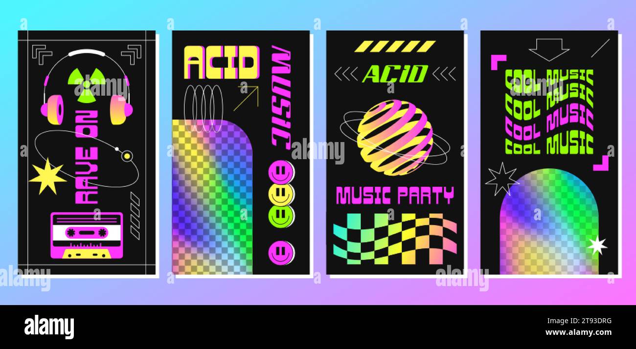 Affiches rave pour la soirée acid techno ou festival de musique électronique. Illustration vectorielle surréaliste dans le style psychédélique. Flyers aux formes géométriques abstraites, éléments disco et cadre holographique arc-en-ciel. Illustration de Vecteur