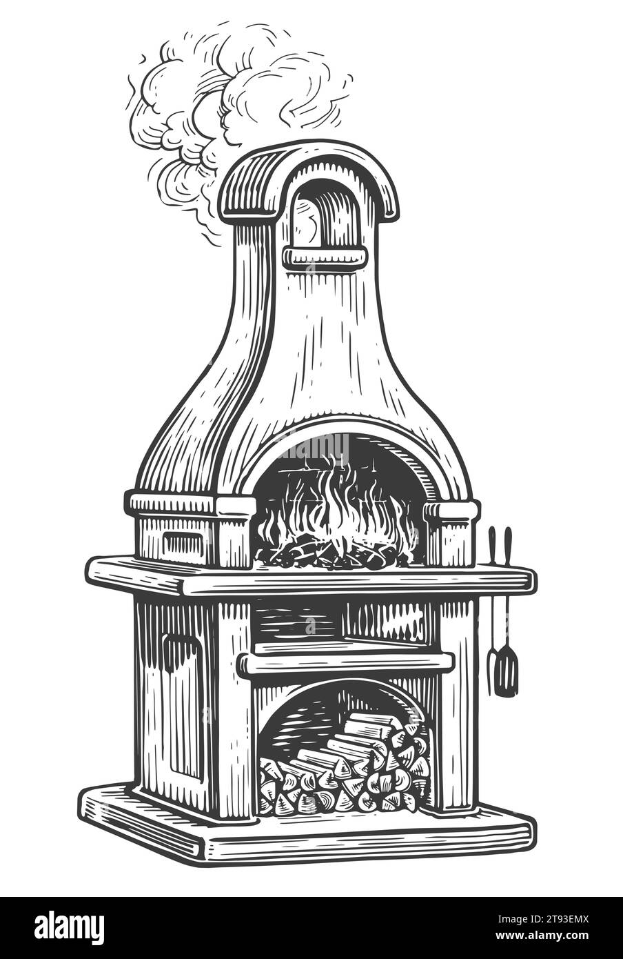 Poêle barbecue de jardin, cheminée. Cuisine d'été extérieure avec barbecue et bois de chauffage. Illustration d'esquisse vectorielle Illustration de Vecteur