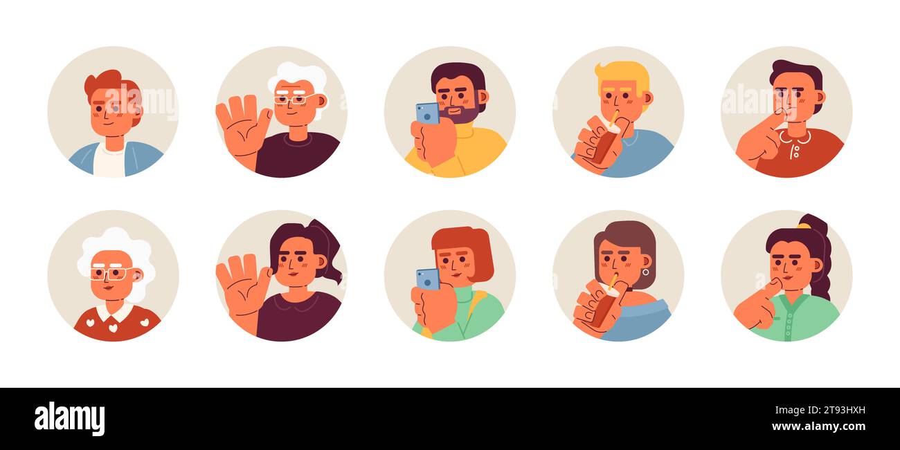 Faisceau d'illustrations d'avatars vectoriels 2D âgés différents caucasiens Illustration de Vecteur