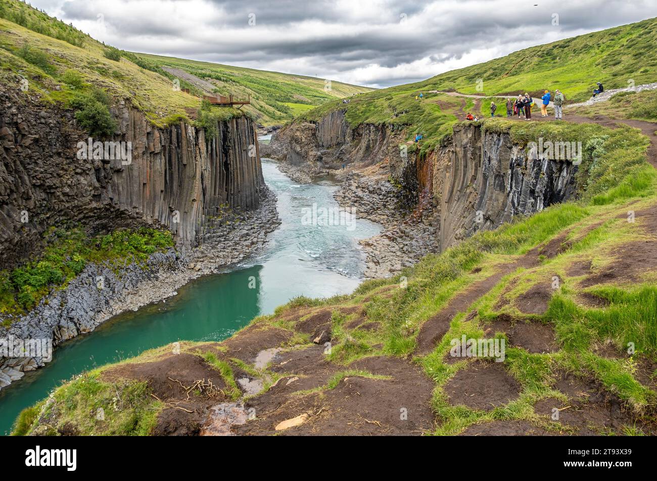 La rivière Jokla traverse le canyon de Studlagil et passe par les colonnes hexagonales de basalte causées par les coulées de lave dans le nord-est de l’Islande, vallée de Jokuldalur, Banque D'Images