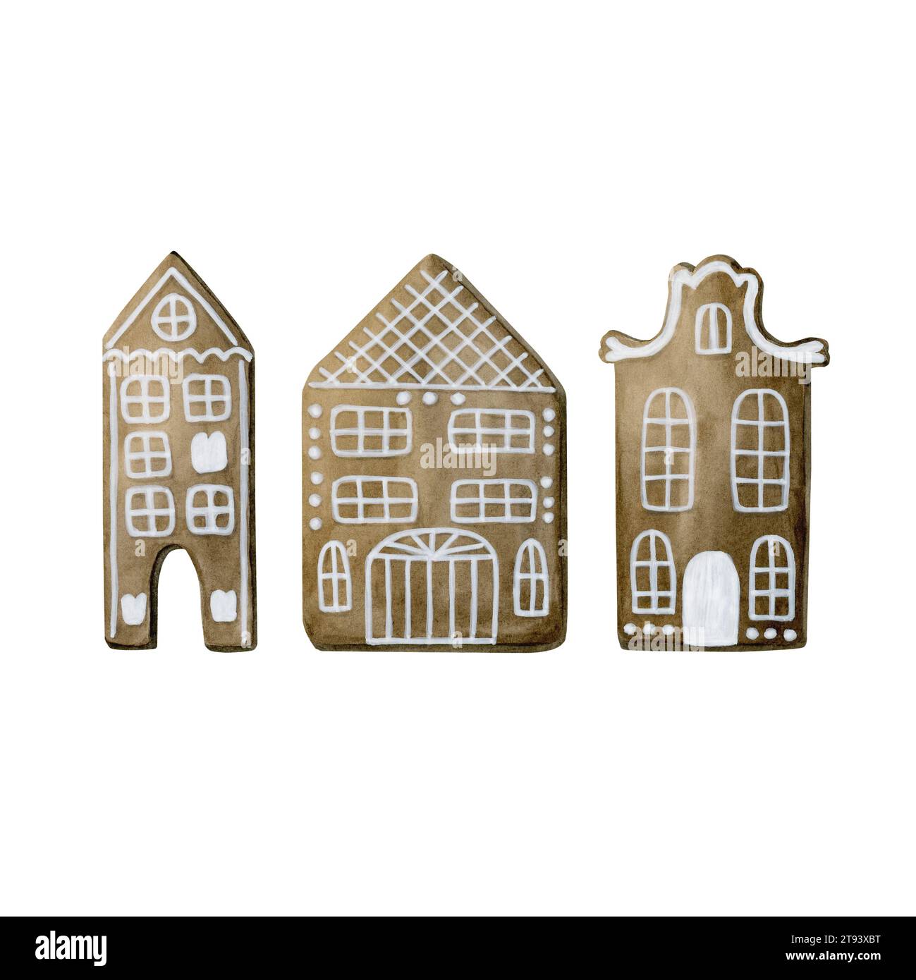 Ensemble de 3 maisons en pain d'épice avec glaçage blanc. Illustration d'aquarelle isolée sur fond blanc pour la conception de vacances d'hiver. Banque D'Images