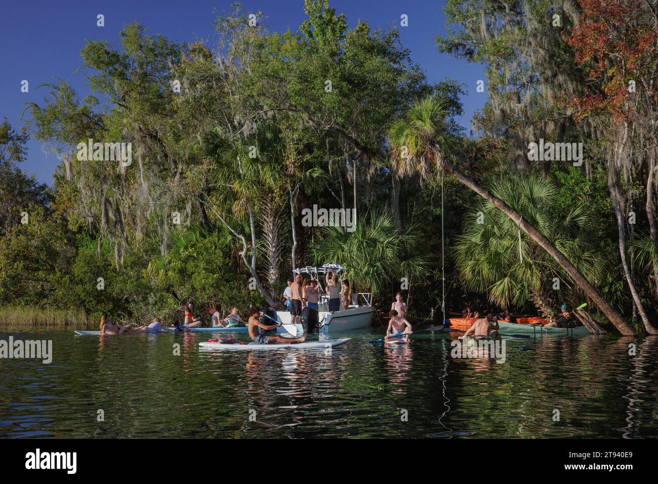 Les gens apprécient l'eau claire et les vues panoramiques de Rainbow Springs / Rainbow River dans le comté de Marion, Dunnellon, Floride. Un paradis subtropical pour Banque D'Images