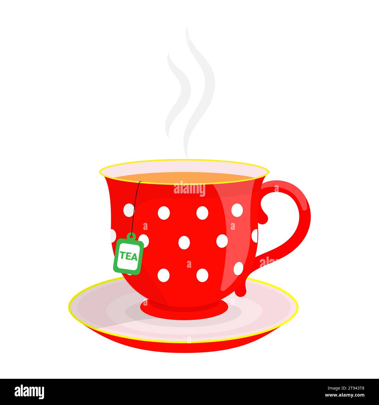 Thé chaud. Une tasse avec des pois blancs sur fond rouge avec une soucoupe Illustration de Vecteur