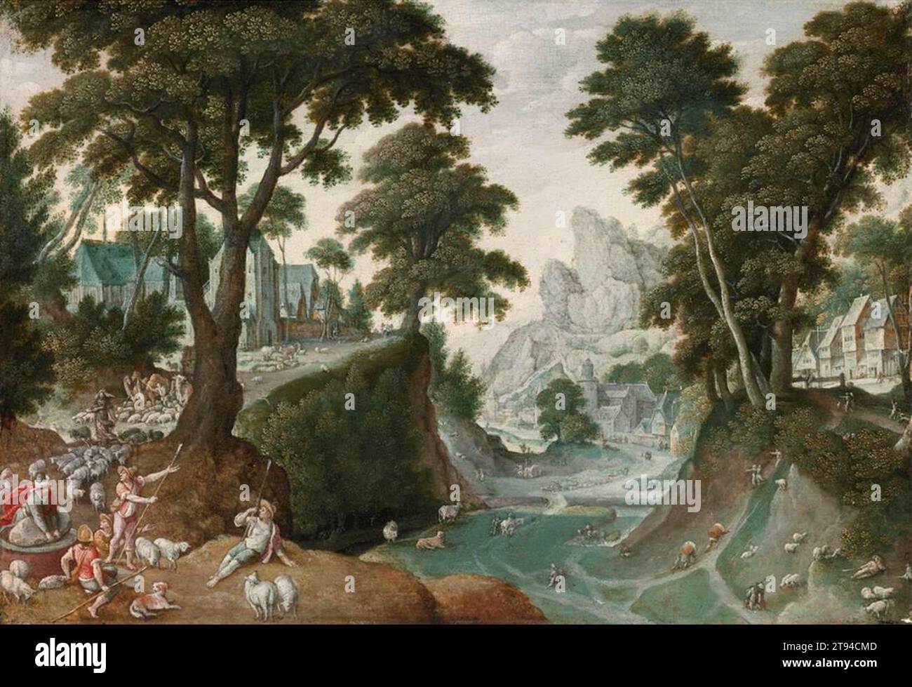 Paysage montagneux avec le Retour de Jacob de Canaan 1593 par Hans bol Banque D'Images