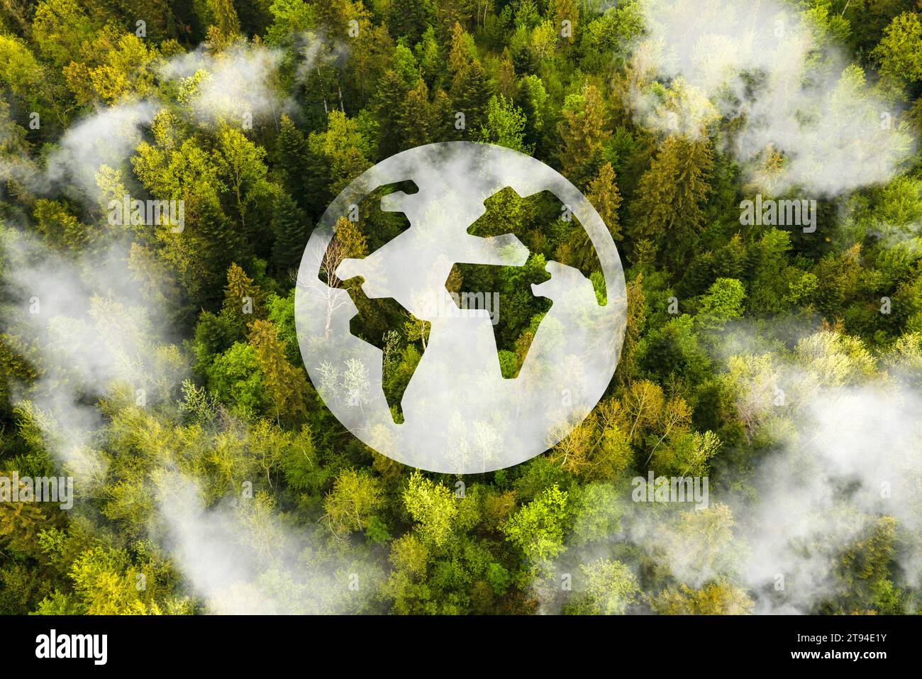 Vue aérienne de la forêt verte contre la terre. Démontre le concept de préservation de l'écosystème et de la nature, de pollution de l'air et de sauvegarde de la planète. Banque D'Images