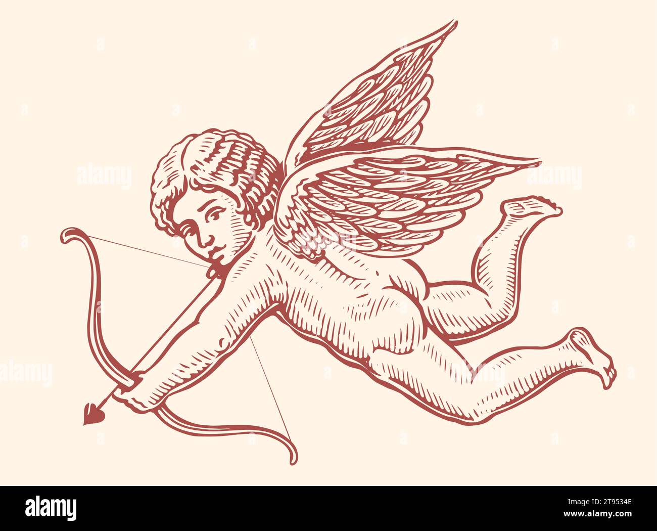 Flying Angel, symbole de l'amour et de la Saint-Valentin. Cupidon tire une flèche de l'arc. Illustration vectorielle d'esquisse vintage Illustration de Vecteur