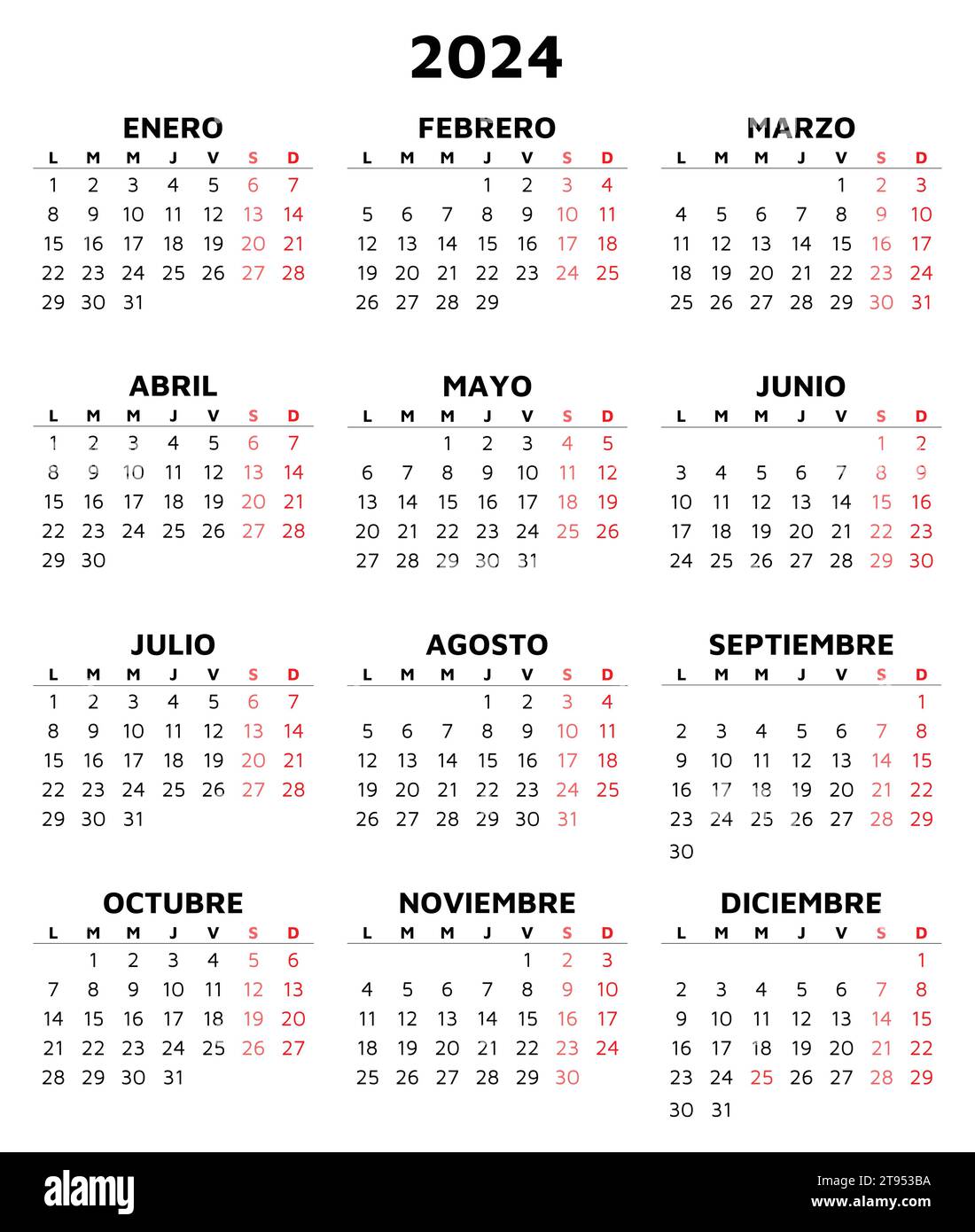calendrier espagnol 2024. Illustration de modèle vectoriel simple en