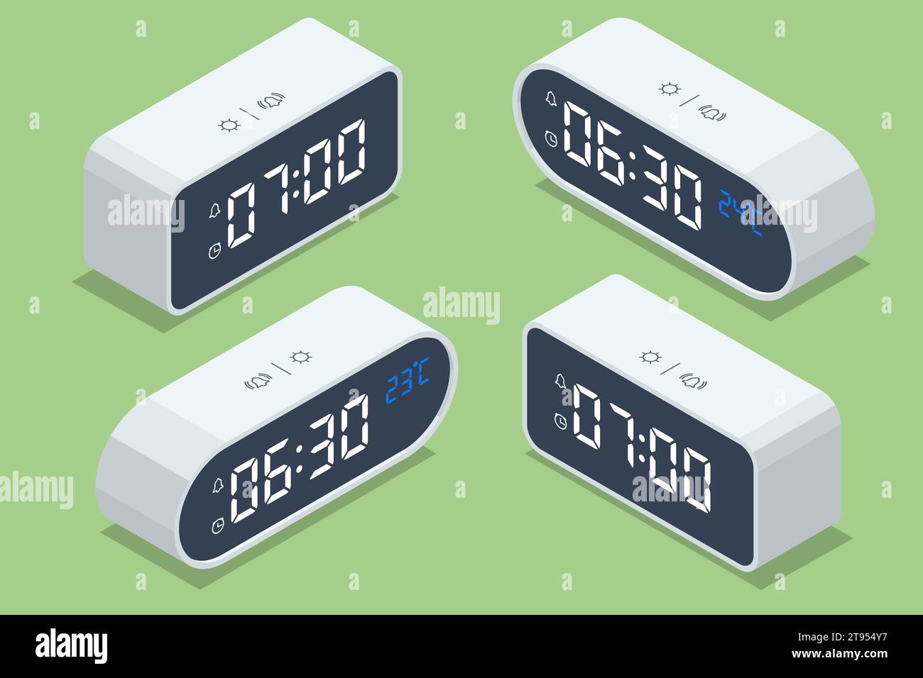 Réveil numérique isométrique avec chiffres verts. 7h au réveil numérique Illustration de Vecteur