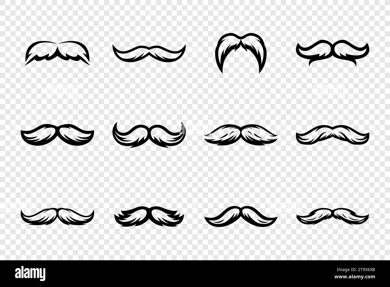 Set de moustache à isolation vectorielle. Décoration de fête de visage pour Portrait, Stencil. Illustration plate en noir et blanc, forme de moustache du Père Noël avec contour Illustration de Vecteur