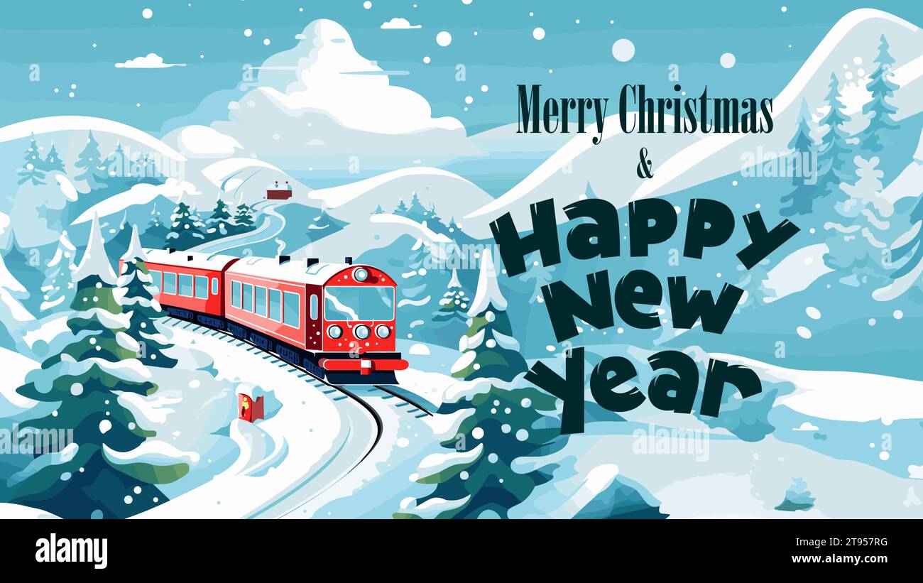 Joyeux Noël et bonne carte de voeux de fête du nouvel an avec train. Polar express apporter des cadeaux dans un paysage enneigé. Bannière horizontale de Noël traditionnelle de veille de vacances. Carte postale eps fête familiale hivernale Illustration de Vecteur