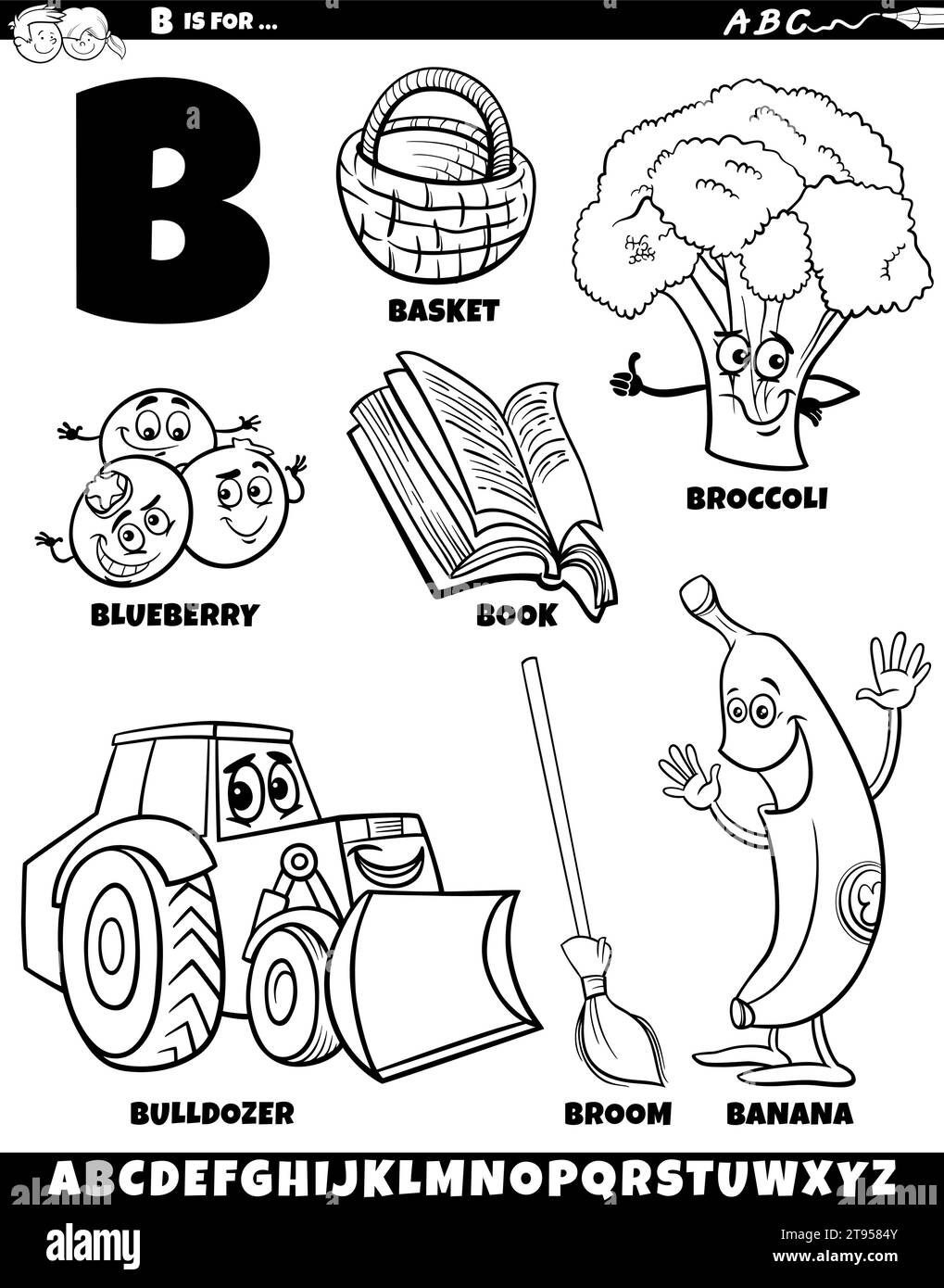 Illustration de dessin animé d'objets et de caractères définis pour la lettre B coloriage page Illustration de Vecteur