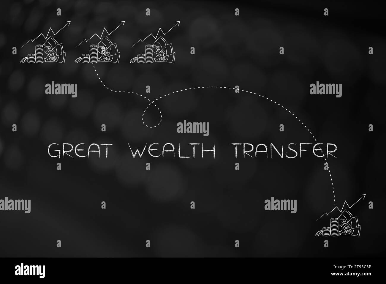 grande image conceptuelle de transfert de richesse, texte avec des icônes représentant beaucoup de richesse en train d'être partagé Banque D'Images