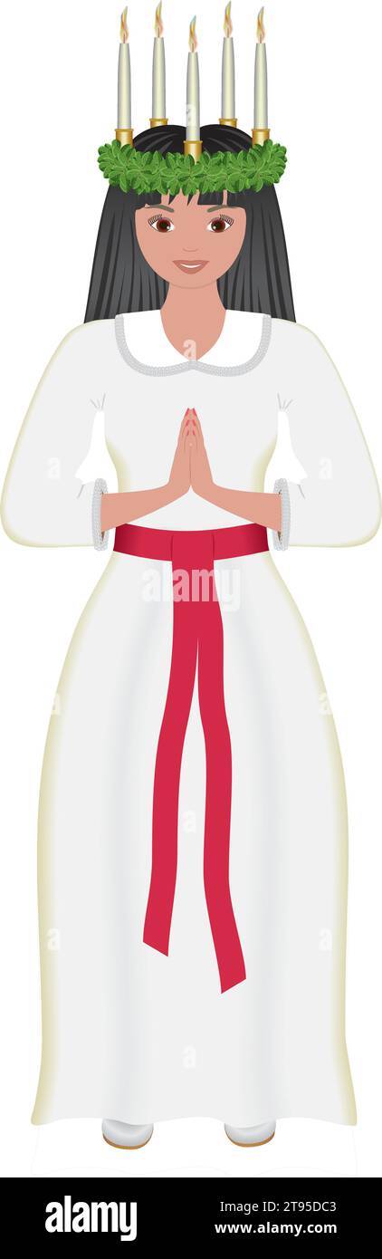 Mignonne Sainte Lucie avec couronne avec des bougies dans ses cheveux. Tradition à célébrer le 13 décembre. Illustration vectorielle. Illustration de Vecteur