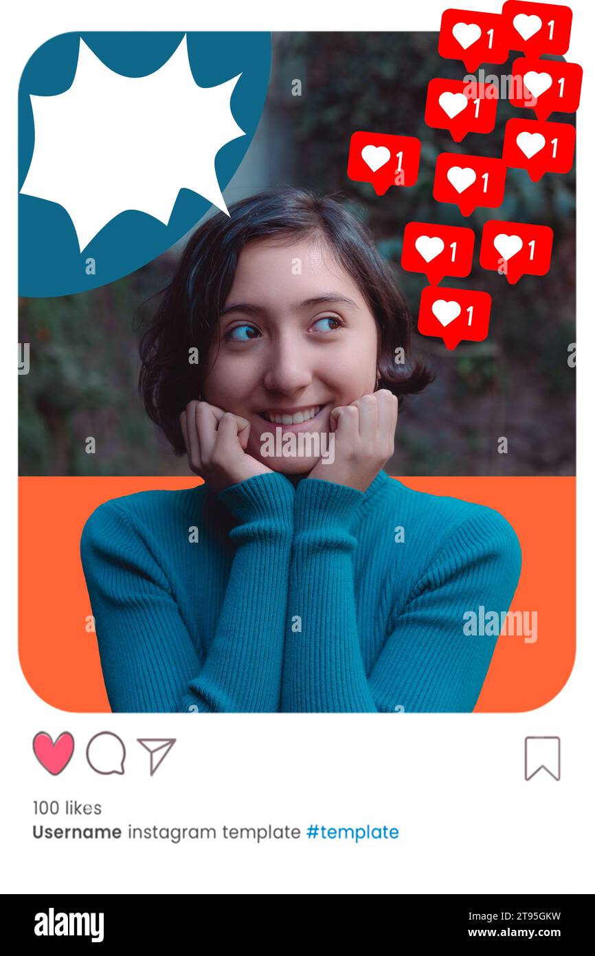 Photo créative, collage illustration d'une jeune fille, elle est souriante et a l'air excitée parce qu'elle obtient des likes, pour les médias sociaux. fond de dessin wi Banque D'Images