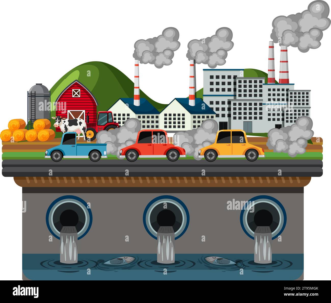 Une ville confrontée à une crise de pollution due à l'eau et à l'air contaminés Illustration de Vecteur