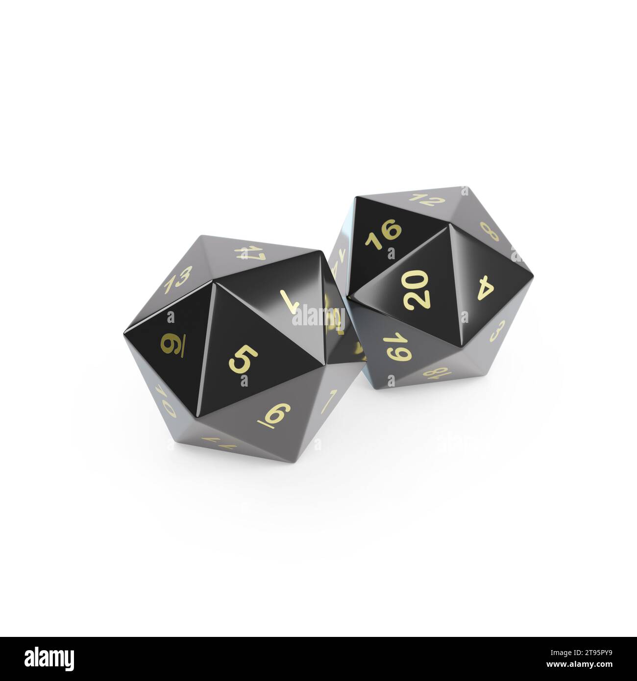 Une paire de dés d'icosaèdre isolé sur fond blanc. illustration 3d. Banque D'Images