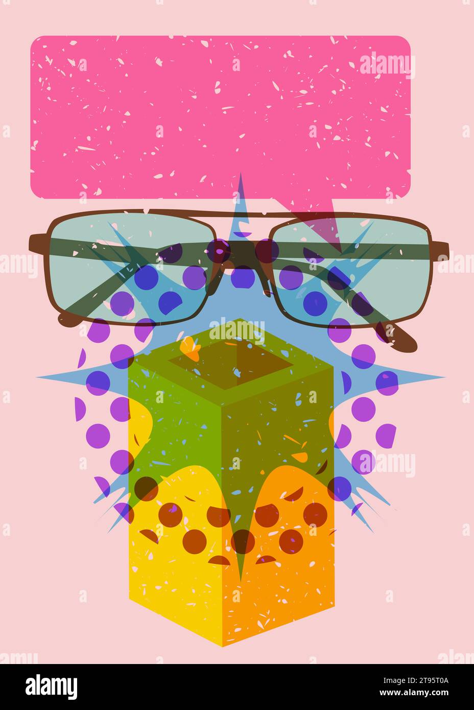 Lunettes risographiques et bulle de parole aux formes géométriques. Objet de lunettes dans la conception graphique riso tendance avec des éléments géométriques. Illustration de Vecteur