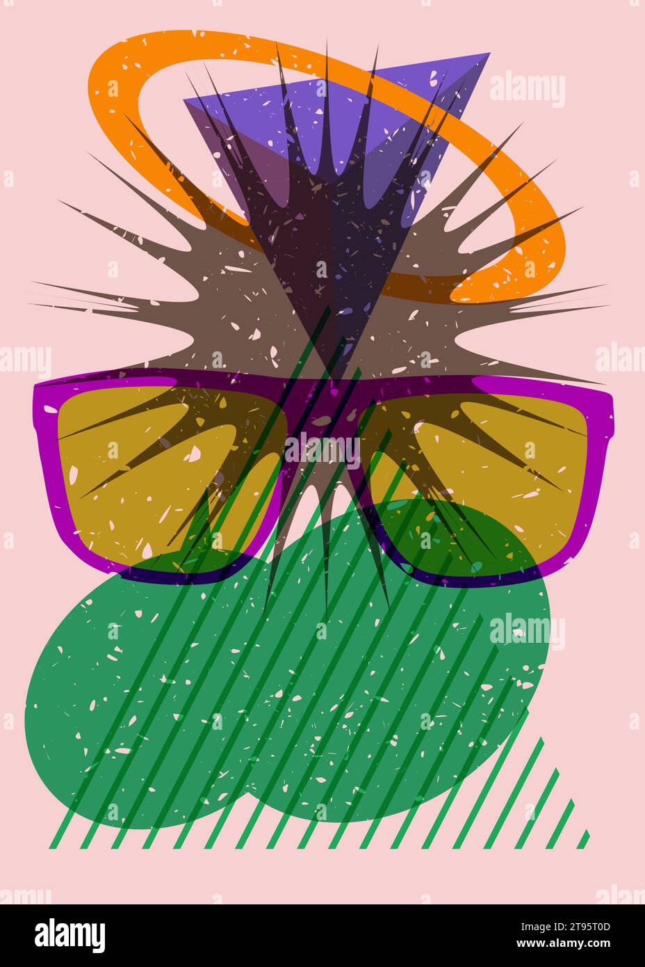 Lunettes risographiques et bulle de parole aux formes géométriques. Objet de lunettes dans la conception graphique riso tendance avec des éléments géométriques. Illustration de Vecteur